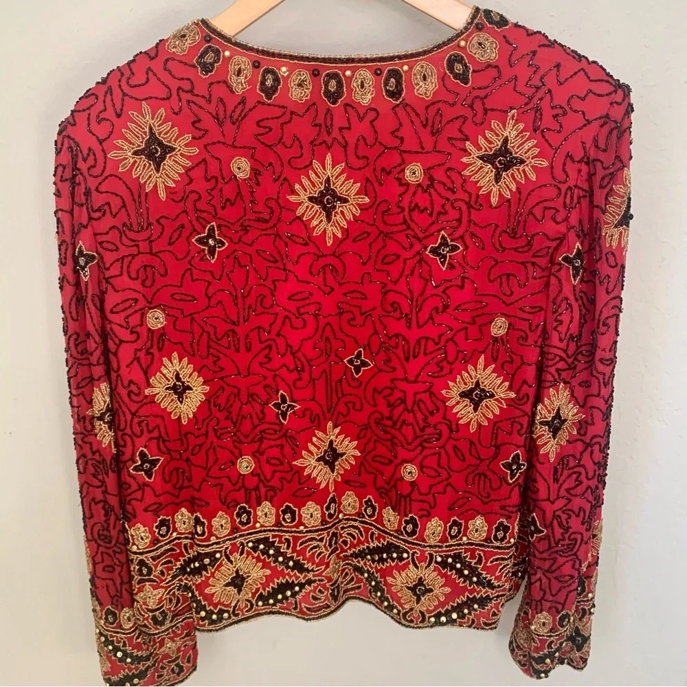 Adrianna Papell Boutique Evening Jacket Vintage 90’s Silk Beaded Red Gold 12 - Picture 16 of 16